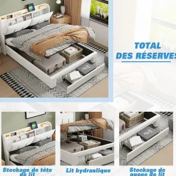Simple Life Lit coffre 140x200 cm avec LED, sommier à lattes, USB Type-C, capitonné velours blanc* Lit Coffre