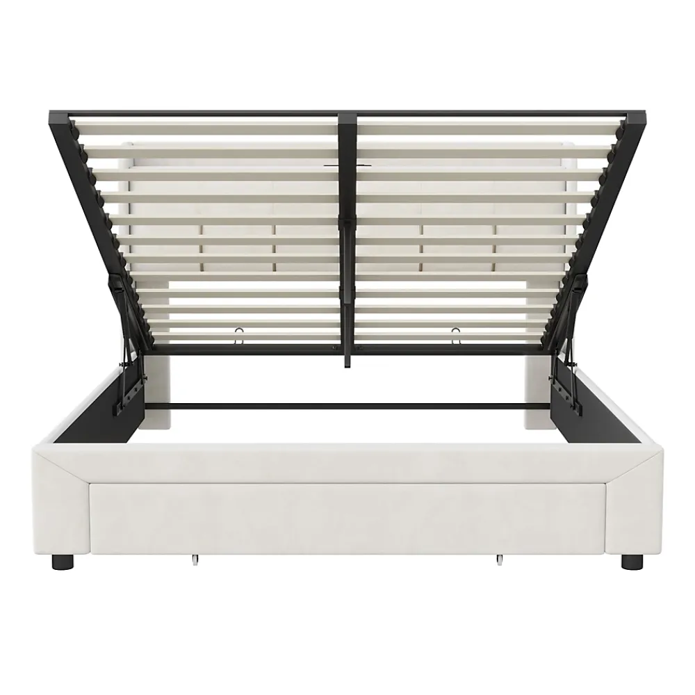 Simple Life Lit coffre 140x200 cm avec LED, sommier à lattes, USB Type-C, capitonné velours blanc* Lit Coffre