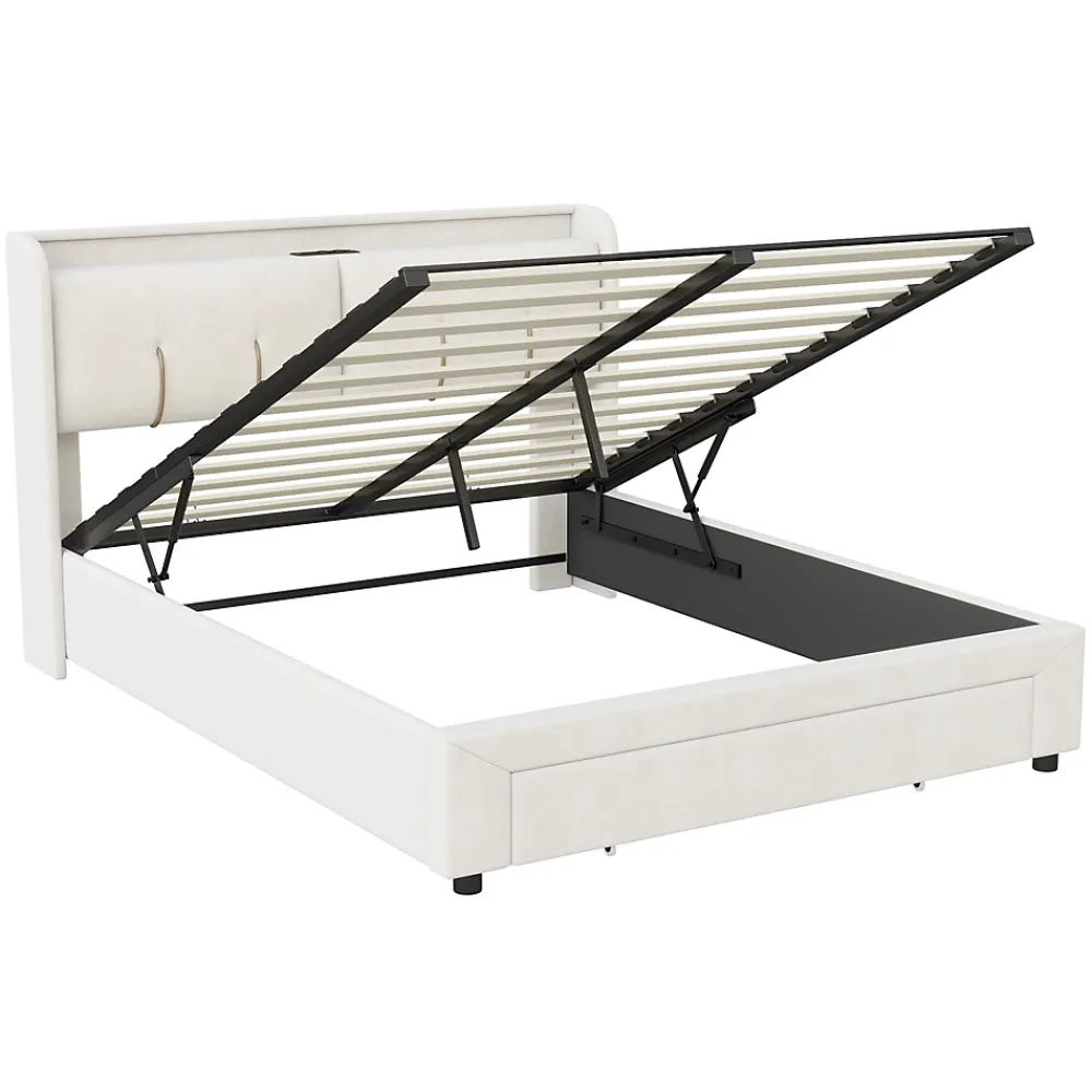 Simple Life Lit Coffre 140x200 Cm Avec LED, Sommier à Lattes, USB Type-c, Capitonné Velours Blanc* Lit Coffre