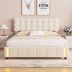 Lit coffre 160x200 cm avec rangement, capitonné velours beige, sommier LED, lattes>Simple Life Best
