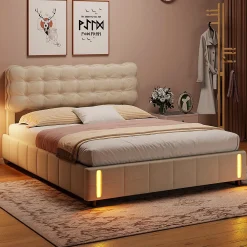 Lit coffre 160x200 cm avec rangement, capitonné velours beige, sommier LED, lattes><noscript><img width=
