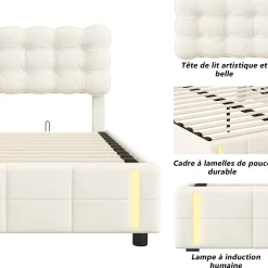 Lit coffre 160x200 cm avec rangement, capitonné velours beige, sommier LED, lattes><noscript><img width=