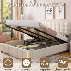 Lit coffre 160x200 cm avec rangement, capitonné velours beige, sommier LED, lattes><noscript><img width=