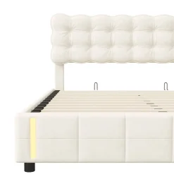 Lit coffre 160x200 cm avec rangement, capitonné velours beige, sommier LED, lattes><noscript><img width=