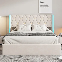 Simple Life Lit Coffre 140x200 cm avec Rangement et LED, Cadre de lit avec Sommier à Lattes, Velours, Beige* Lit Coffre