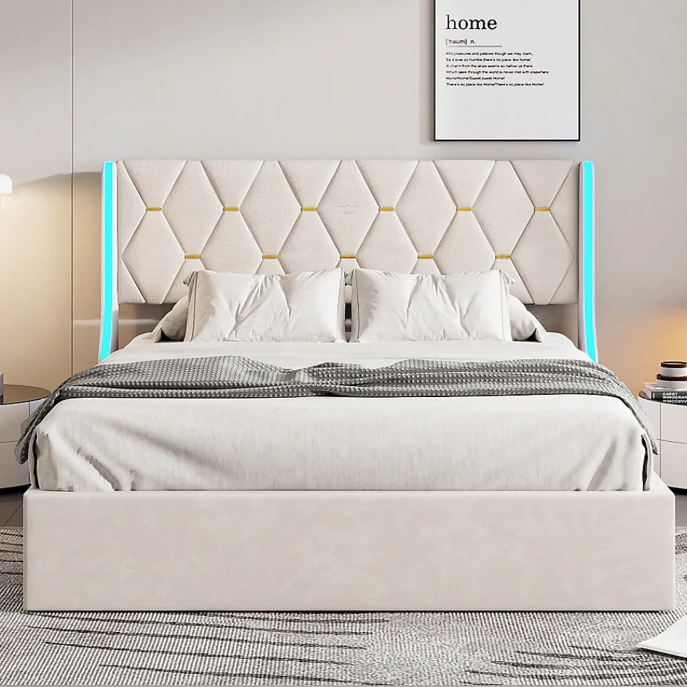 Simple Life Lit Coffre 140x200 cm avec Rangement et LED, Cadre de lit avec Sommier à Lattes, Velours, Beige* Lit Coffre