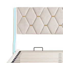 Simple Life Lit Coffre 140x200 cm avec Rangement et LED, Cadre de lit avec Sommier à Lattes, Velours, Beige* Lit Coffre