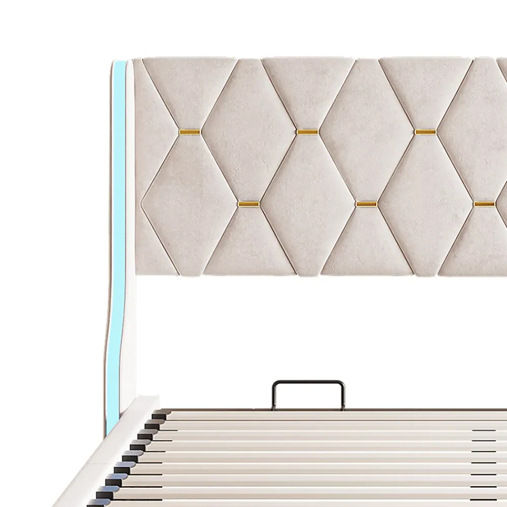 Simple Life Lit Coffre 140x200 cm avec Rangement et LED, Cadre de lit avec Sommier à Lattes, Velours, Beige* Lit Coffre