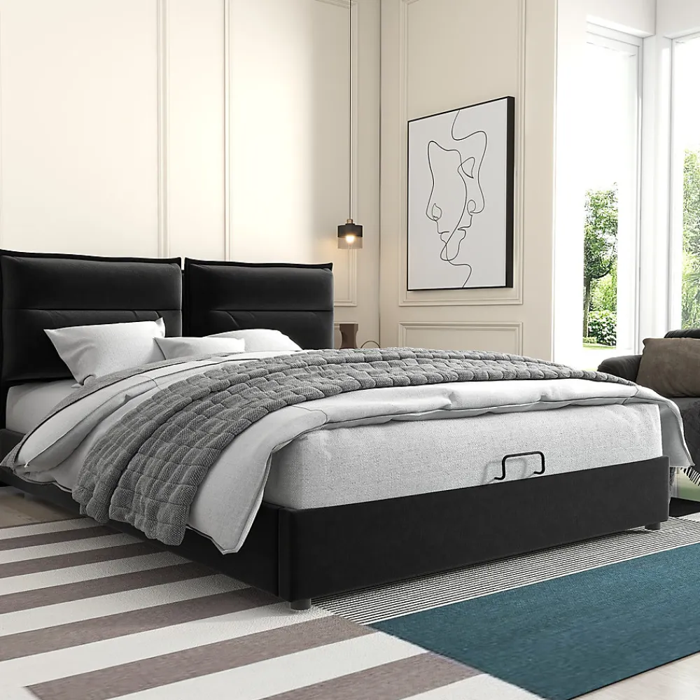 Okwish Lit Coffre 140x200 cm avec Rangement, Lit Double Adulte avec Tête Réglable et Sommier en Velours - Noir, Sans Matelas* Lit Coffre