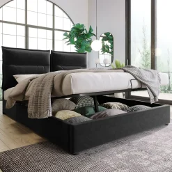 Okwish Lit Coffre 140x200 cm avec Rangement, Lit Double Adulte avec Tête Réglable et Sommier en Velours - Noir, Sans Matelas* Lit Coffre