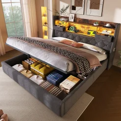 Lit coffre 140x200 cm avec rangement et tête de lit LED, ports USB et Type-C intégrés - lit double capitonné gris>Okwish Hot