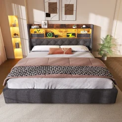 Lit coffre 140x200 cm avec rangement et tête de lit LED, ports USB et Type-C intégrés - lit double capitonné gris>Okwish Hot