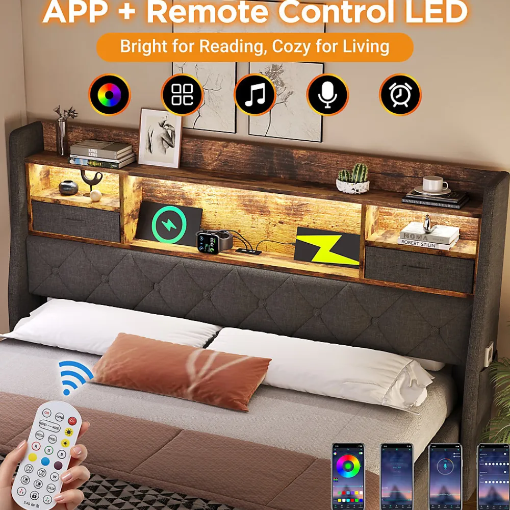 Lit coffre 140x200 cm avec rangement et tête de lit LED, ports USB et Type-C intégrés - lit double capitonné gris>Okwish Hot