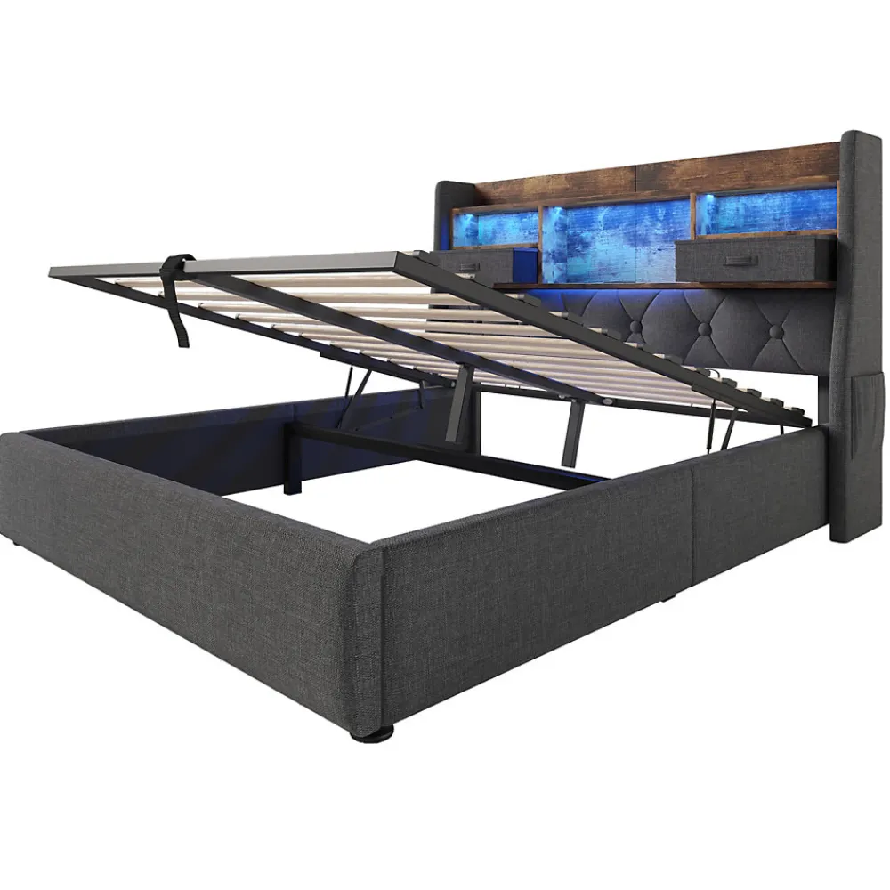 Lit coffre 140x200 cm avec rangement et tête de lit LED, ports USB et Type-C intégrés - lit double capitonné gris>Okwish Hot