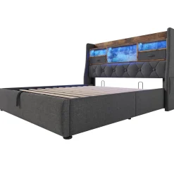 Lit coffre 140x200 cm avec rangement et tête de lit LED, ports USB et Type-C intégrés - lit double capitonné gris><noscript><img width=