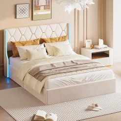 Fortuna lai Lit Coffre 160x200 cm avec Rangement et LED,Cadre de lit avec sommier à Lattes,Velours,Beige* Lit Coffre