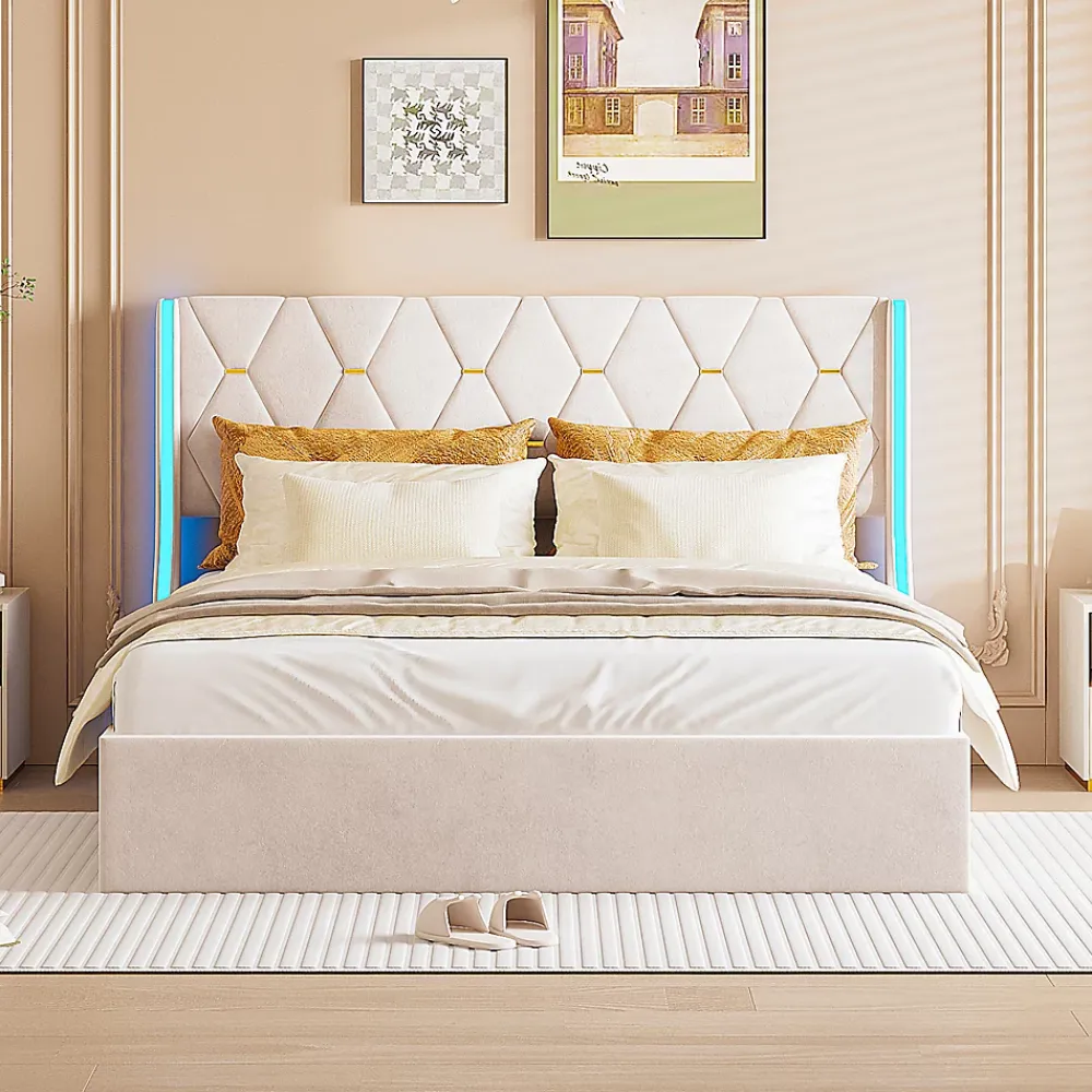 Fortuna lai Lit Coffre 160x200 cm avec Rangement et LED,Cadre de lit avec sommier à Lattes,Velours,Beige* Lit Coffre