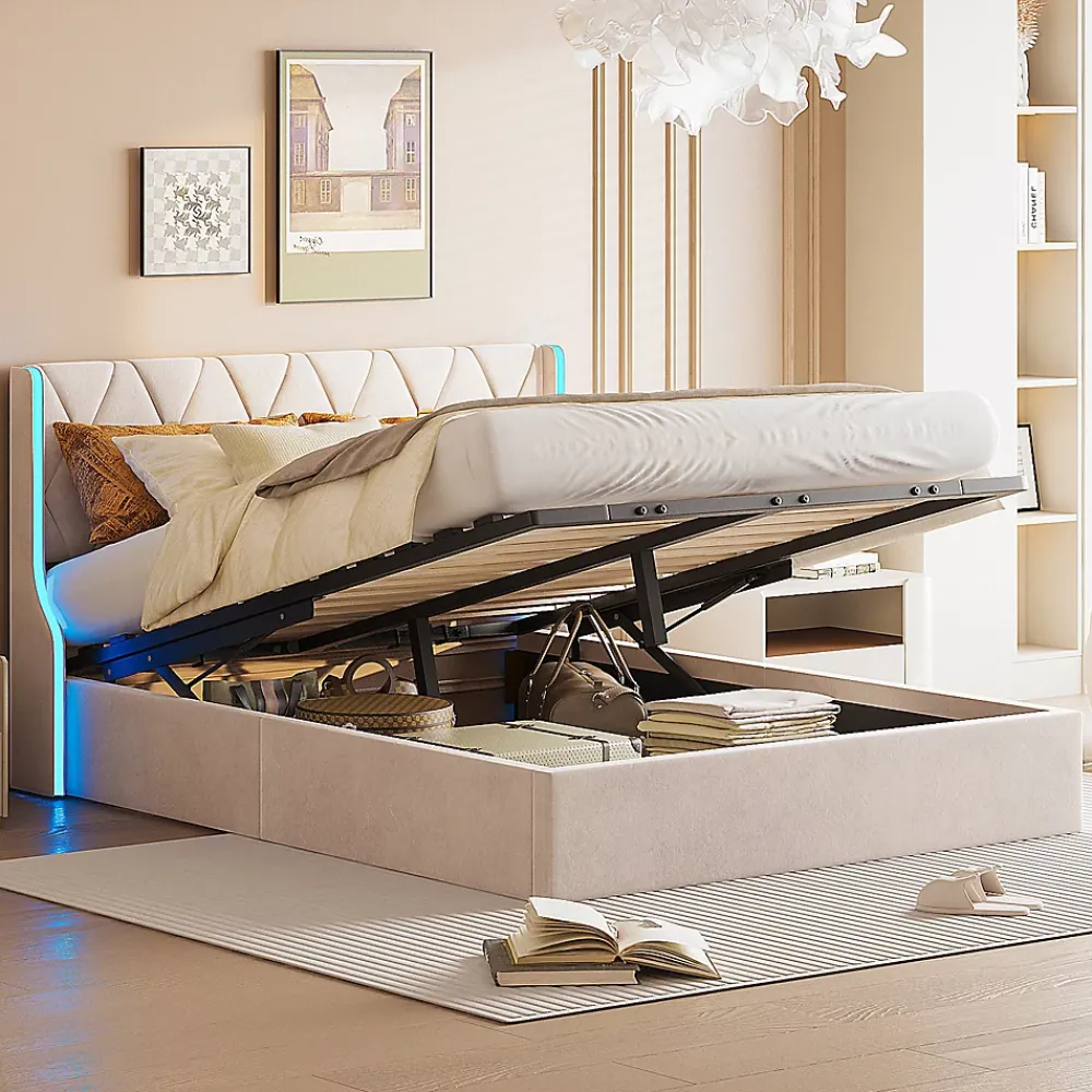 Fortuna lai Lit Coffre 160x200 cm avec Rangement et LED,Cadre de lit avec sommier à Lattes,Velours,Beige* Lit Coffre