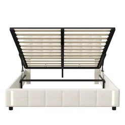 Simple Life Lit coffre 140x200 cm avec rangement, capitonné velours beige, sommier LED, lattes* Lit Coffre