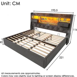 Lit coffre 180x200 cm avec rangement et tête de lit LED, ports USB et Type-C intégrés - lit double capitonné gris><noscript><img width=