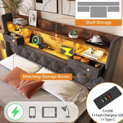 Lit coffre 180x200 cm avec rangement et tête de lit LED, ports USB et Type-C intégrés - lit double capitonné gris><noscript><img width=