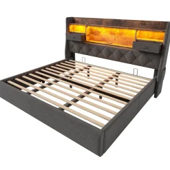 Lit coffre 180x200 cm avec rangement et tête de lit LED, ports USB et Type-C intégrés - lit double capitonné gris><noscript><img width=