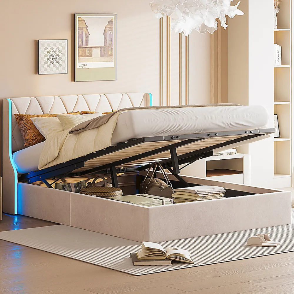 Lit Coffre 160x200 Cm Avec Rangement Et LED,cadre De Lit Avec Sommier à Lattes,velours,beige>Simple Life