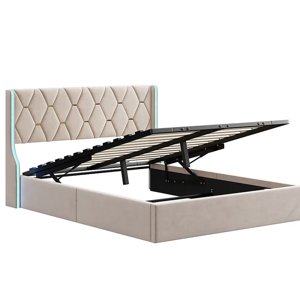Lit Coffre 160x200 Cm Avec Rangement Et LED,cadre De Lit Avec Sommier à Lattes,velours,beige>Simple Life
