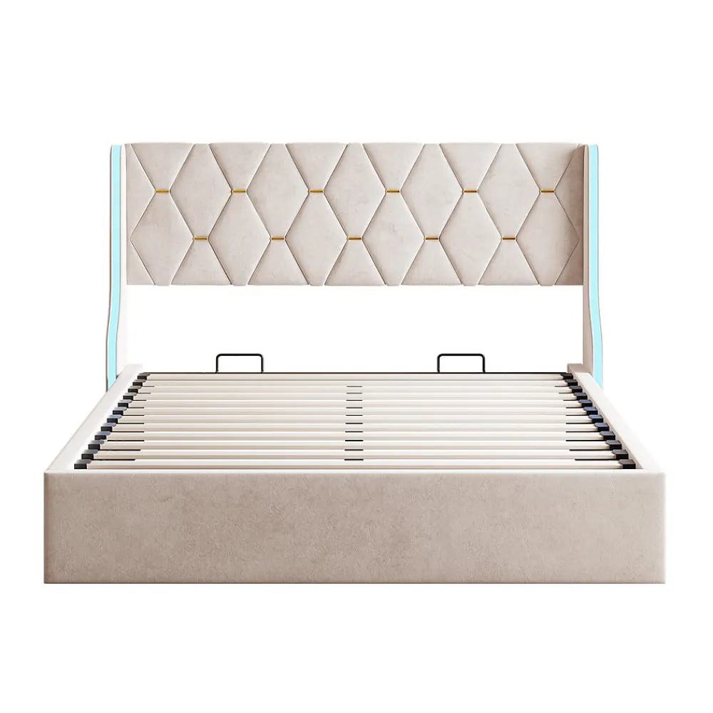 Lit Coffre 160x200 Cm Avec Rangement Et LED,cadre De Lit Avec Sommier à Lattes,velours,beige>Simple Life