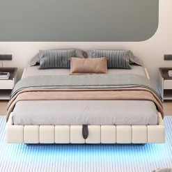 Lit Coffre 180x200 cm avec Sommier Relevable - Lit Double avec Rangement et Bande LED Intégrée - Tissu Beige - Sans Matelas><noscript><img width=