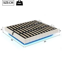 Lit Coffre 180x200 cm avec Sommier Relevable - Lit Double avec Rangement et Bande LED Intégrée - Tissu Beige - Sans Matelas><noscript><img width=