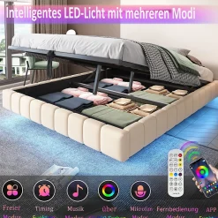 Lit Coffre 180x200 cm avec Sommier Relevable - Lit Double avec Rangement et Bande LED Intégrée - Tissu Beige - Sans Matelas><noscript><img width=