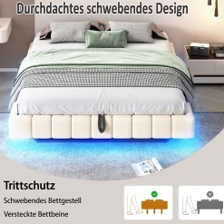Lit Coffre 180x200 cm avec Sommier Relevable - Lit Double avec Rangement et Bande LED Intégrée - Tissu Beige - Sans Matelas><noscript><img width=