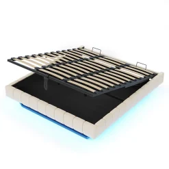 Lit Coffre 180x200 cm avec Sommier Relevable - Lit Double avec Rangement et Bande LED Intégrée - Tissu Beige - Sans Matelas><noscript><img width=