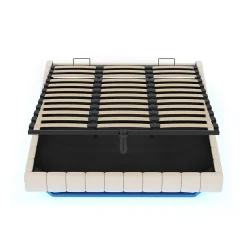 Lit Coffre 180x200 cm avec Sommier Relevable - Lit Double avec Rangement et Bande LED Intégrée - Tissu Beige - Sans Matelas><noscript><img width=