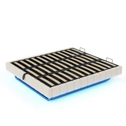 Lit Coffre 180x200 cm avec Sommier Relevable - Lit Double avec Rangement et Bande LED Intégrée - Tissu Beige - Sans Matelas><noscript><img width=