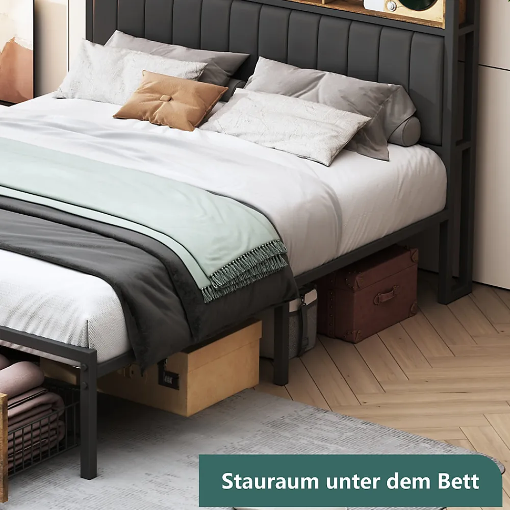Lit Coffre 160x200 cm avec sommier à lattes, LED, 2 tiroirs, tête de lit capitonnée en PU, cadre métallique robuste>ProximaX Sale