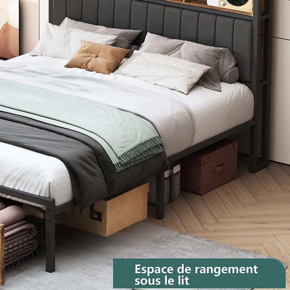 Lit Coffre 160x200 cm avec sommier à lattes, LED, 2 tiroirs, tête de lit capitonnée en PU, cadre métallique robuste>ProximaX Sale