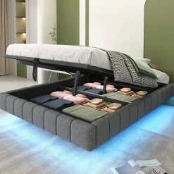Lit Coffre 140x200 cm avec Sommier Relevable - Lit Double avec Rangement et Bande LED Intégrée - Tissu Gris - Sans Matelas>Okwish Outlet