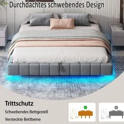 Lit Coffre 140x200 cm avec Sommier Relevable - Lit Double avec Rangement et Bande LED Intégrée - Tissu Gris - Sans Matelas><noscript><img width=