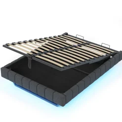 Lit Coffre 140x200 cm avec Sommier Relevable - Lit Double avec Rangement et Bande LED Intégrée - Tissu Gris - Sans Matelas><noscript><img width=