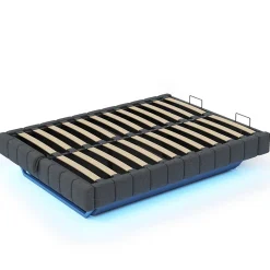 Lit Coffre 140x200 cm avec Sommier Relevable - Lit Double avec Rangement et Bande LED Intégrée - Tissu Gris - Sans Matelas><noscript><img width=