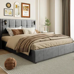 Simple Life Lit coffre 160x200 cm avec sommier à lattes, lit rembourré avec port USB et Type-C, LED, velours, gris* Lit Coffre