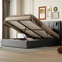 Simple Life Lit coffre 160x200 cm avec sommier à lattes, lit rembourré avec port USB et Type-C, LED, velours, gris* Lit Coffre