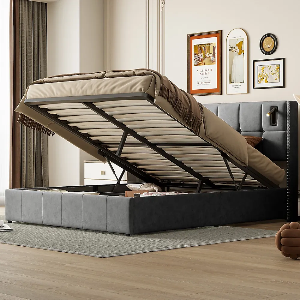 Simple Life Lit coffre 160x200 cm avec sommier à lattes, lit rembourré avec port USB et Type-C, LED, velours, gris* Lit Coffre