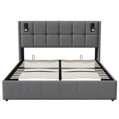 Simple Life Lit coffre 160x200 cm avec sommier à lattes, lit rembourré avec port USB et Type-C, LED, velours, gris* Lit Coffre