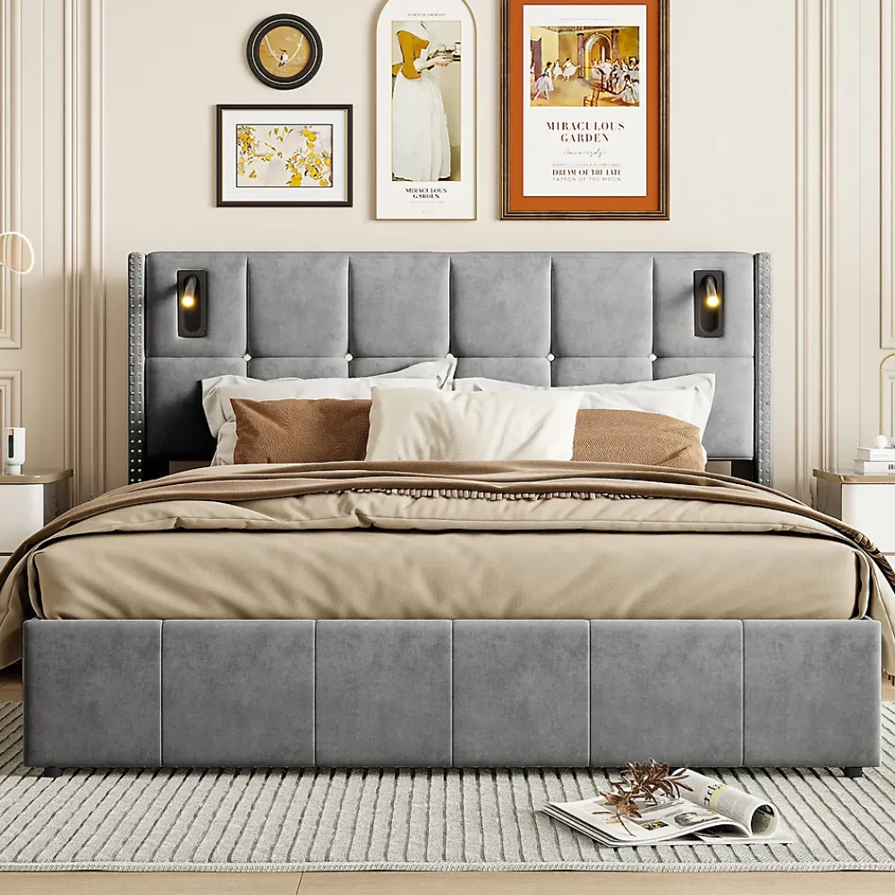 Simple Life Lit coffre 160x200 cm avec sommier à lattes, lit rembourré avec port USB et Type-C, LED, velours, gris* Lit Coffre