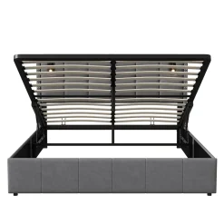 Simple Life Lit coffre 160x200 cm avec sommier à lattes, lit rembourré avec port USB et Type-C, LED, velours, gris* Lit Coffre