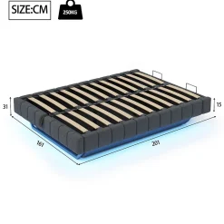 Okwish Lit Coffre 160x200 cm avec Sommier Relevable - Lit Double Tissu Gris avec Rangement et Bande LED Intégrée - Sans Matelas* Lit Coffre
