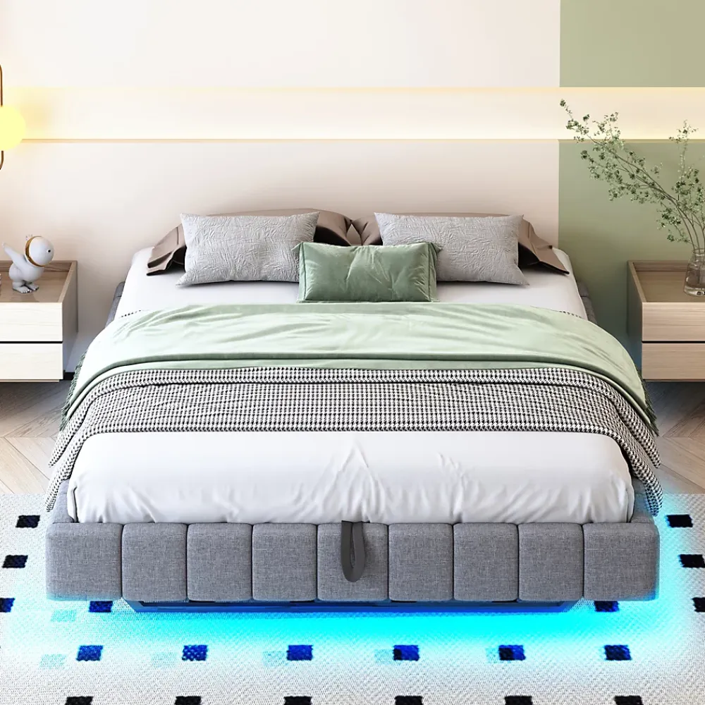 Okwish Lit Coffre 160x200 cm avec Sommier Relevable - Lit Double Tissu Gris avec Rangement et Bande LED Intégrée - Sans Matelas* Lit Coffre